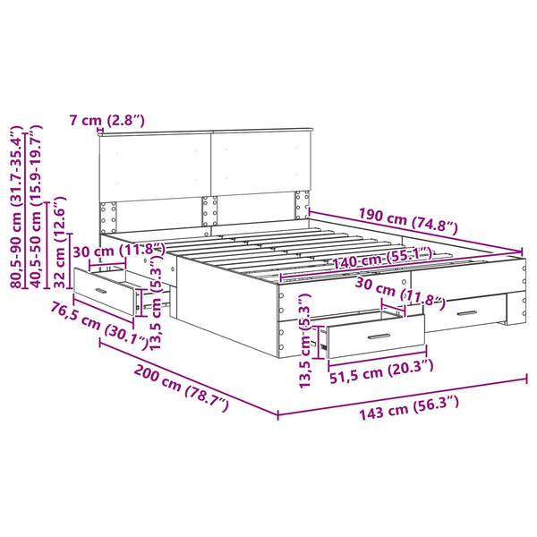 vidaXL Bed Frame with Headboard Concrete Gray 140 x 190 cm Engineered Wood