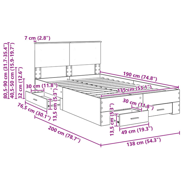 vidaXL Bed Frame with Headboard Concrete Grey 135 x 190 cm Engineered Wood
