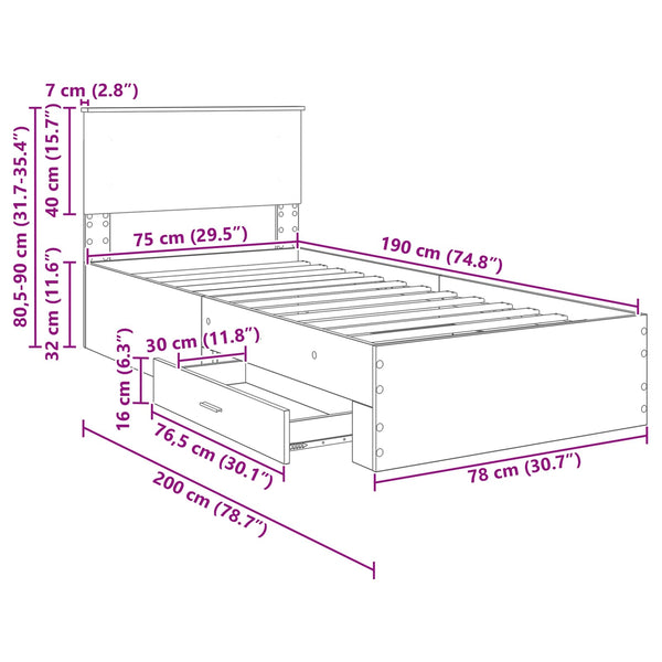 vidaXL Bed Frame Smoky Oak and Silver 75 x 190 cm Engineered Wood