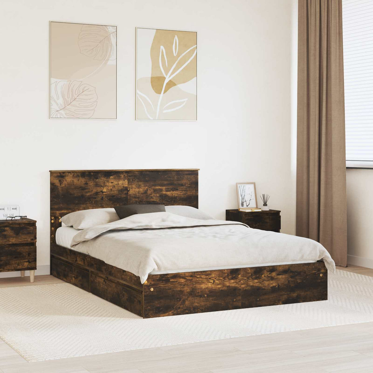 vidaXL Storage Bed Smoked Oak 160 x 200 cm Engineered Wood