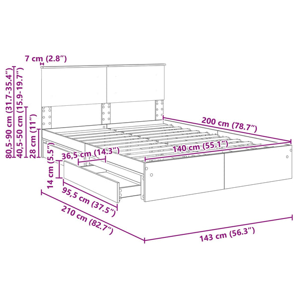 vidaXL Storage Bed Sonoma Gray 140 x 200 cm Engineered Wood