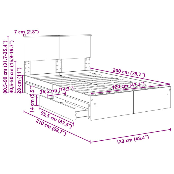 vidaXL Storage Bed Brown Oak-look 120 x 200 cm Engineered Wood