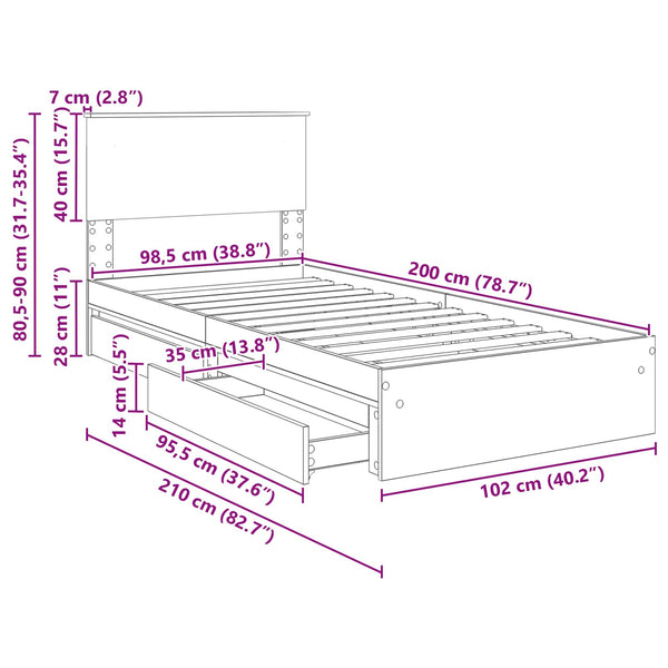 vidaXL Storage Bed Brown Oak-look 100 x 200 cm Engineered Wood