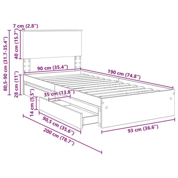 vidaXL Storage Bed Sonoma Grey 90 x 190 cm Engineered Wood