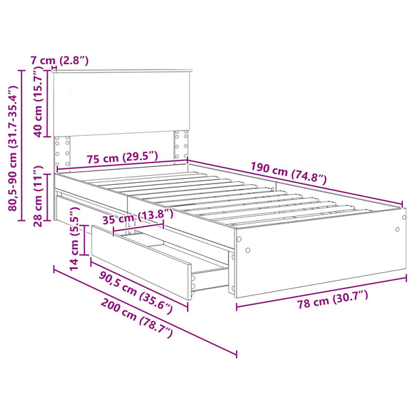 vidaXL Storage Bed with Headboard White 75 x 190 cm Engineered Wood