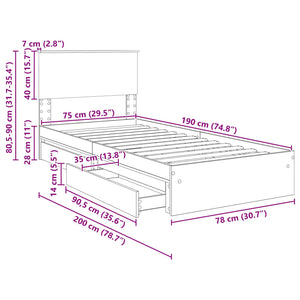 vidaXL Storage Bed Smoked Oak 75 x 190 cm Engineered Wood