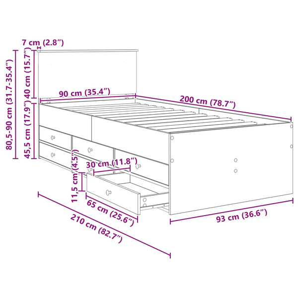 vidaXL Day Bed Smoked Oak and Black 90 x 200 cm
