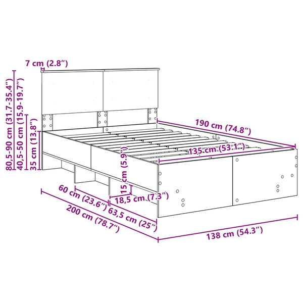 vidaXL Bed Frame with Headboard Black 137 x 203 cm Engineered Wood