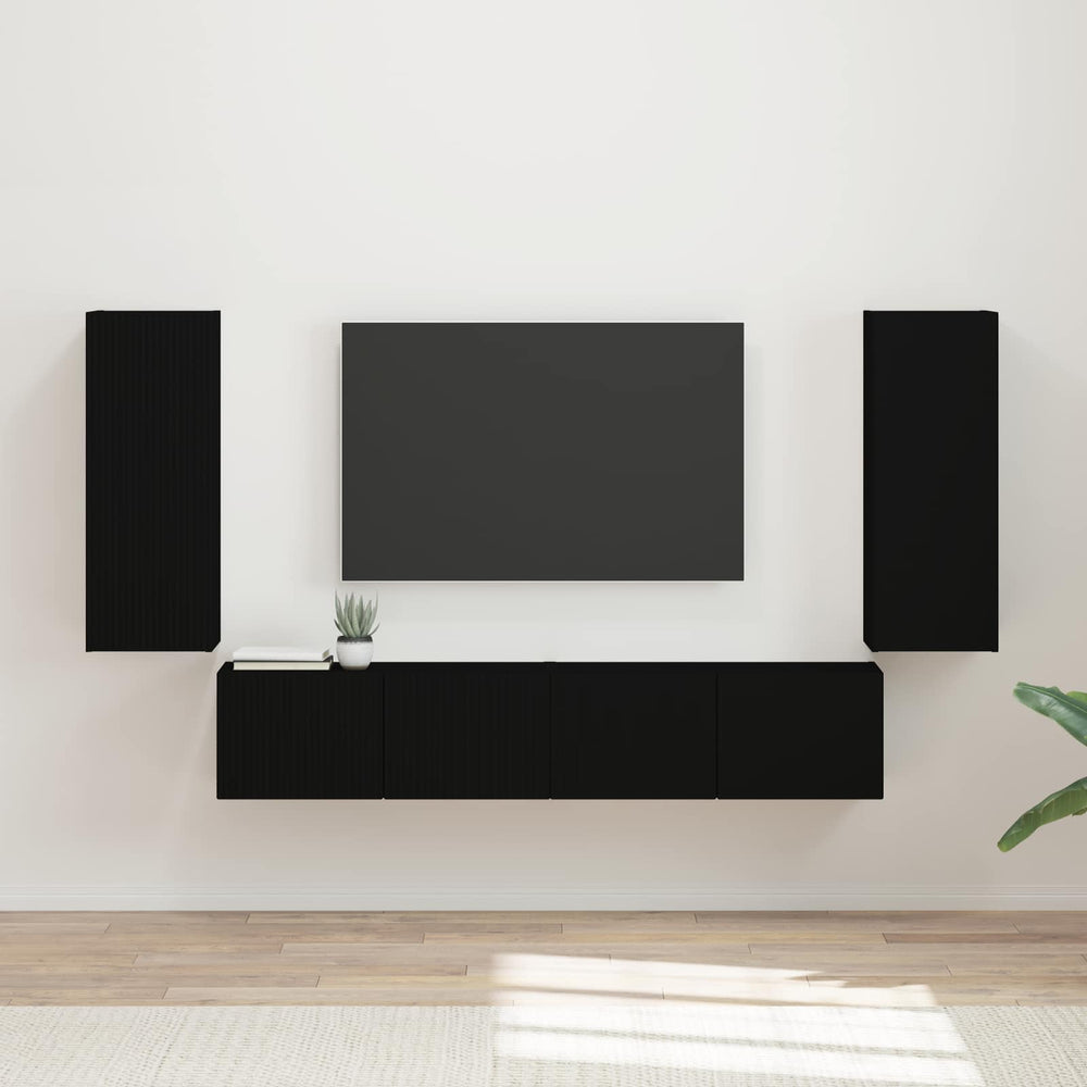 vidaXL Wall-Mounted TV Shelf Set 4 pcs Black Engineered Wood