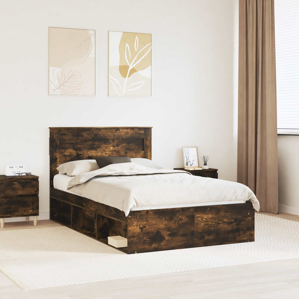 vidaXL Bed Frame Smoked Oak 135 x 190 cm Solid Pine Wood