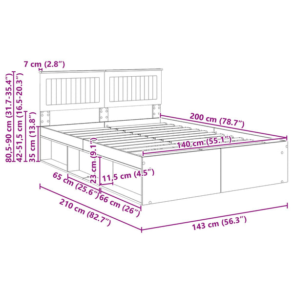 vidaXL Bed Frame Brown Oak Look 140 x 200 cm Solid Pine Wood
