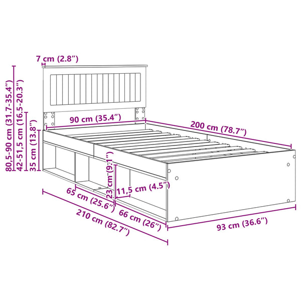vidaXL Bed Frame Brown Oak Look 90 x 200 cm Solid Pine Wood