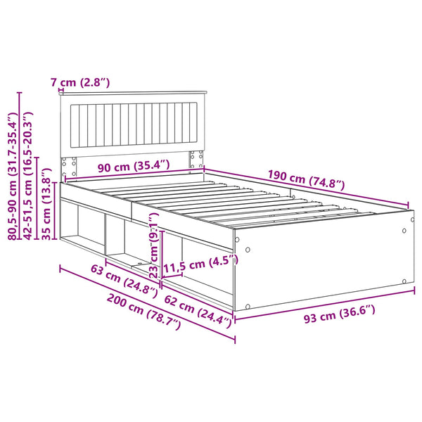 vidaXL Bed Frame Brown Oak Look 90 x 190 cm Solid Pine Wood