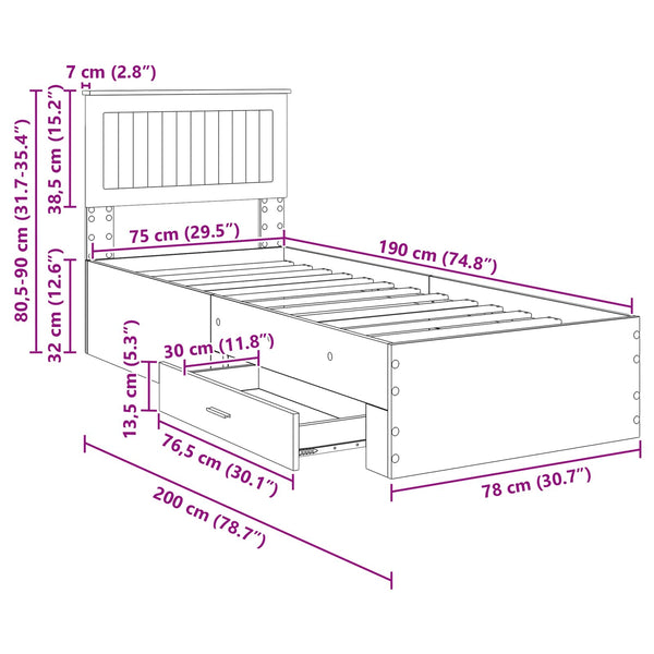 vidaXL Bed Frame Concrete Grey and Silver 70 x 190 cm Engineered Wood