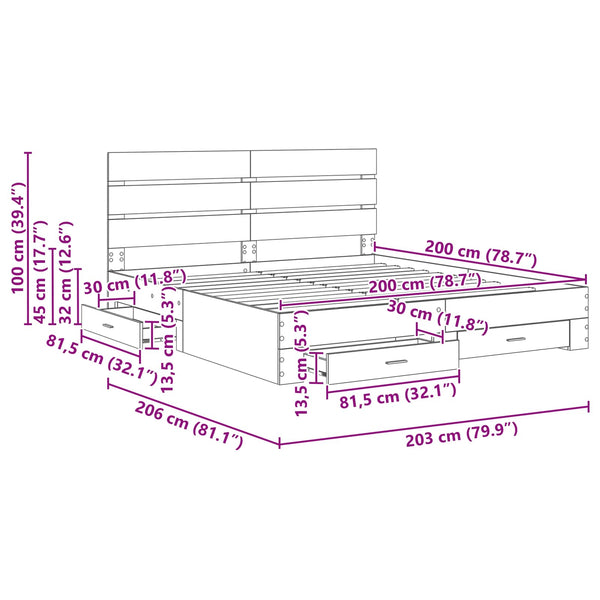 vidaXL Bed Frame with Drawers White 200 x 200 cm Engineered Wood