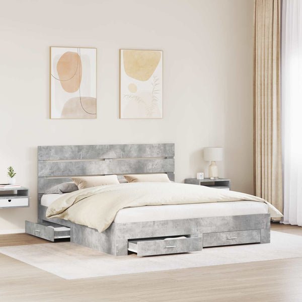 vidaXL Bed Frame with Drawers Concrete Grey 200 x 200 cm Engineered Wood