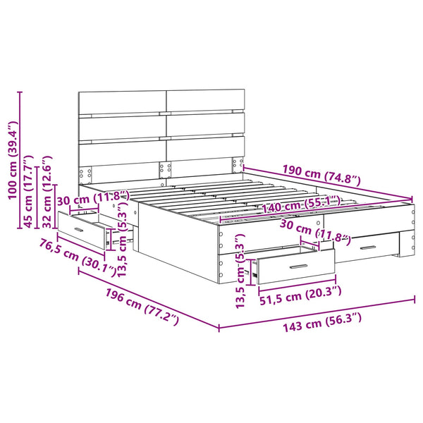 vidaXL Bed Frame with Drawers Concrete Grey 140 x 190 cm Engineered Wood