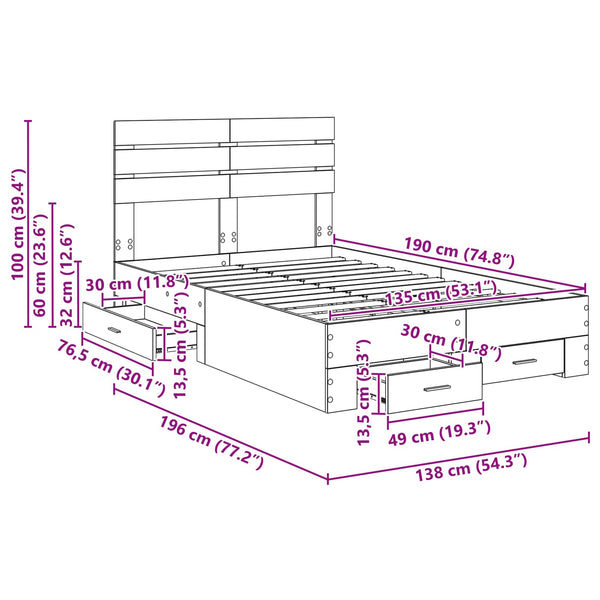 vidaXL Bed Frame with Drawers Concrete Grey 135 x 190 cm Engineered Wood