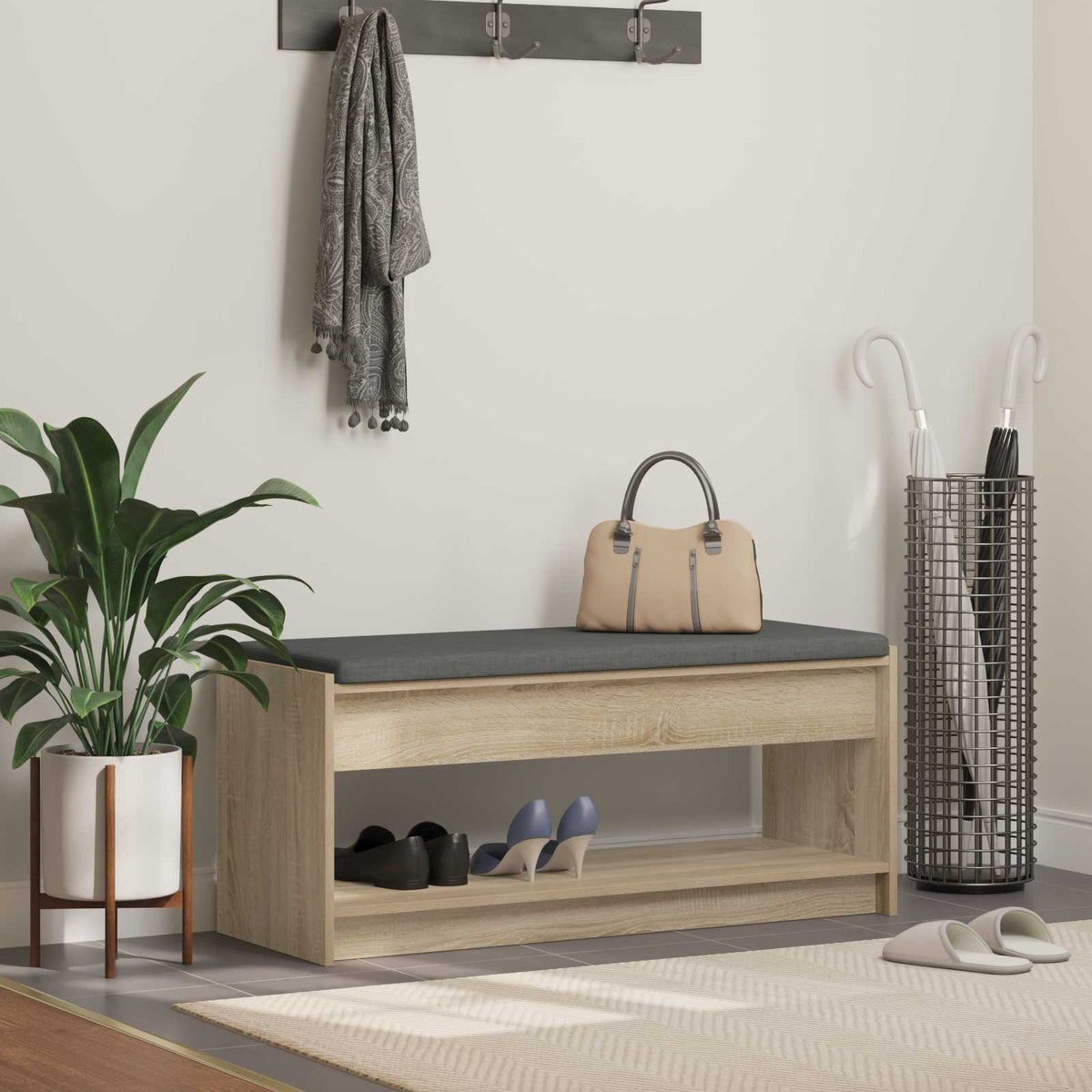 Flurbank Sonoma Eiche mit Kissen und Regal