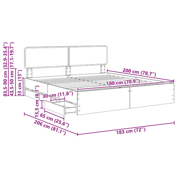 vidaXL Bed Frame with Drawers Concrete Gray 180 x 200 cm Engineered Wood