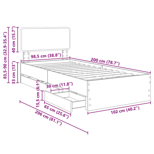 vidaXL Bed Frame with Drawers Black 100 x 200 cm Engineered Wood
