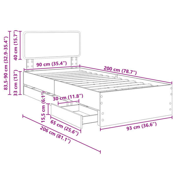 vidaXL Bed Frame with Drawers Concrete Grey 90 x 200 cm Engineered Wood