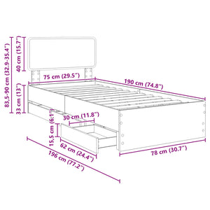 vidaXL Bed Frame with Drawers Black 75 x 190 cm Engineered Wood