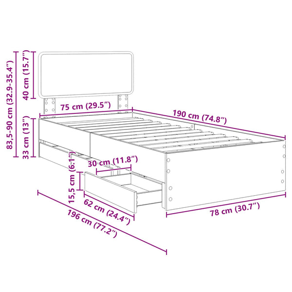 vidaXL Bed Frame with Drawers Black 75 x 190 cm Engineered Wood