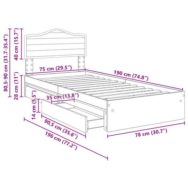 vidaXL Storage Bed Black 70 x 190 cm Engineered Wood