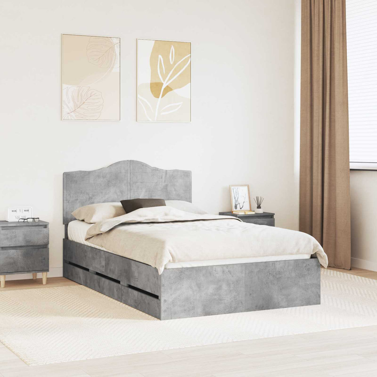 vidaXL Bed Frame with Headboard Concrete Grey 135 x 190 cm Engineered Wood
