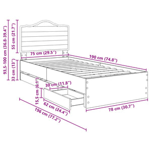 vidaXL Bed Frame with Drawers Concrete Grey 75 x 190 cm Engineered Wood