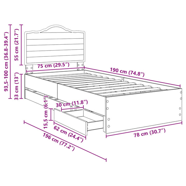 vidaXL Bed Frame with Drawers Concrete Grey 75 x 190 cm Engineered Wood