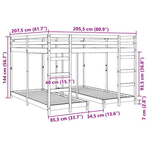 Dreifach Etagenbett 200x200 cm, Wachsbraun