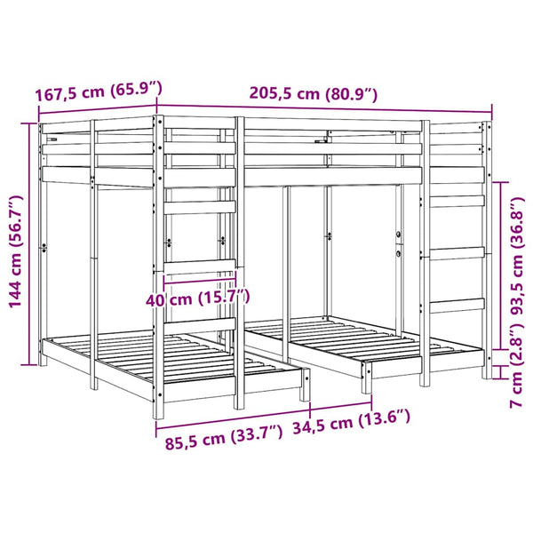 Dreifach Etagenbett 160x200 cm Wachsbraun