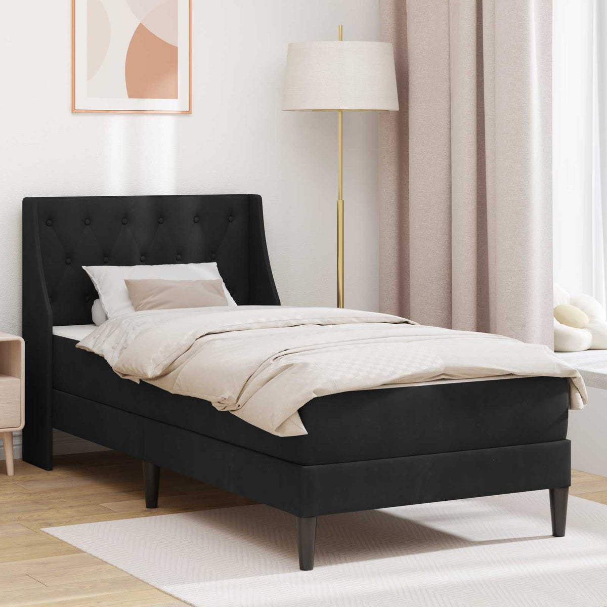 Schwarzes Samt Bettgestell mit Matratze 90x200 cm