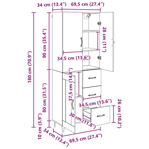 Highboard 2er-Set Schwarz Eichenoptik