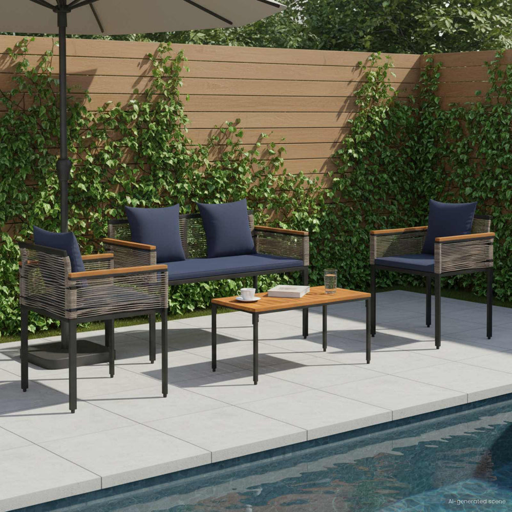 vidaXL Garden Furniture Set with Cushions Grey and Navy Blue Poly Rattan