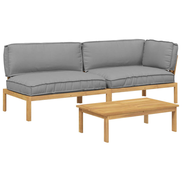 vidaXL Sofa Set with Cushions Solid Acacia Wood 3 pcs Grey