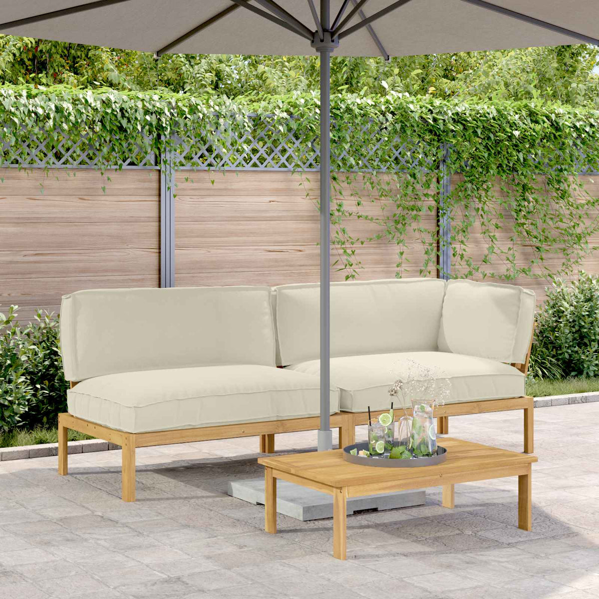 vidaXL Sofa Set with Cushions Solid Acacia Wood Cream 3 Pcs.