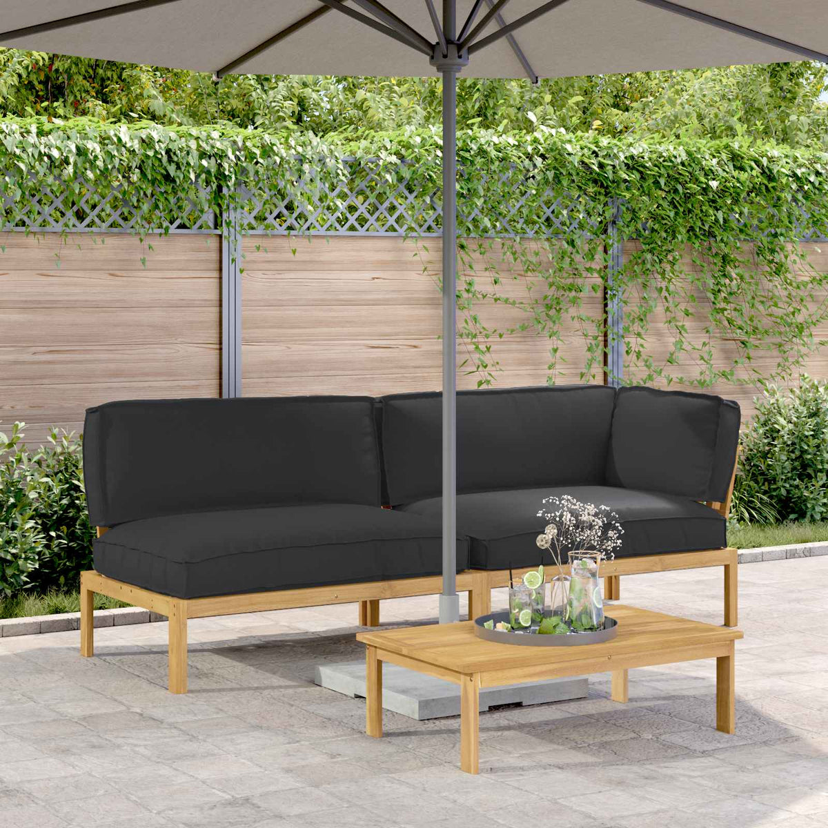 vidaXL Sofa Set with Cushions Solid 3 pcs Black Acacia Wood