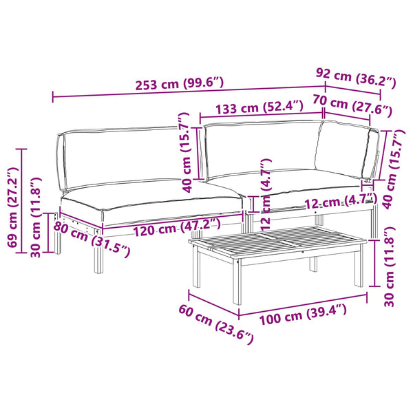 vidaXL Sofa Set with Cushions Solid 3 pcs Black Acacia Wood