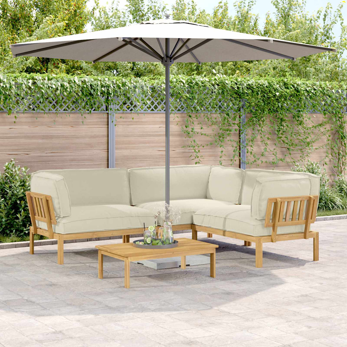 vidaXL Sofa Set with Cushions Solid Acacia Wood 4 Pieces Cream
