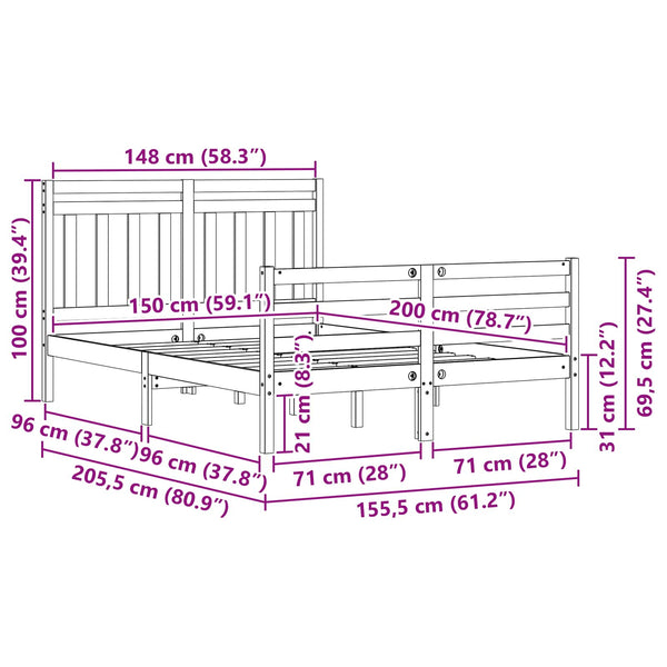 vidaXL Bed Frame with Headboard Waxed Brown 150 x 200 cm