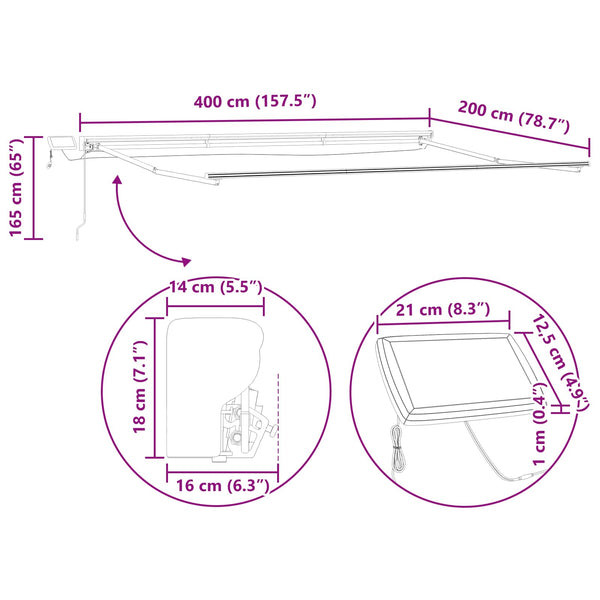 vidaXL Manual Awning Frame with LEDs Blue, White, Anthracite 4 x 2 m