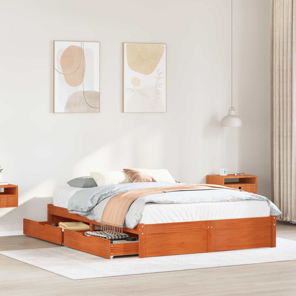 vidaXL Bed Frame with Wheel Waxed Brown 150 x 200 cm Solid Pine Wood