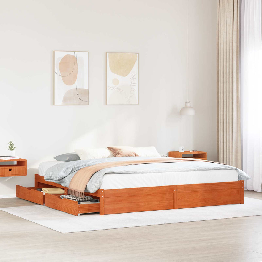 vidaXL Bed Frame Waxed Brown 200 x 200 cm Solid Pine Wood