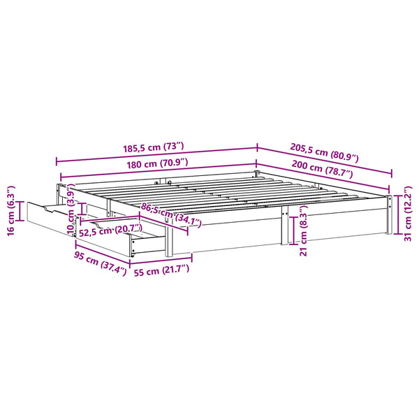 vidaXL Bed Frame Waxed Brown 180 x 200 cm Solid Pine Wood