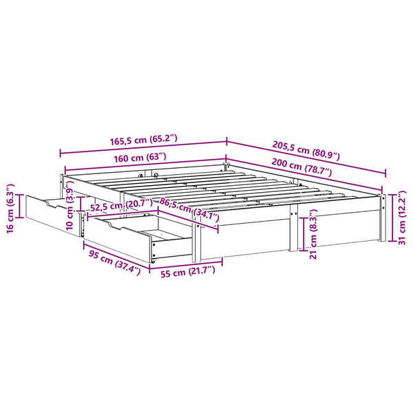 vidaXL Bed Frame with Drawers 3 pcs Waxed Brown Solid Pine Wood