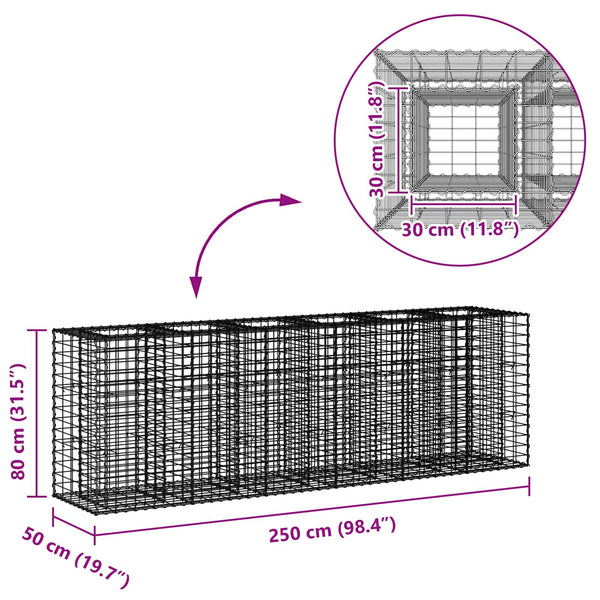 Gabionen Hochbeet Silber 250x50x80cm, 2er Set