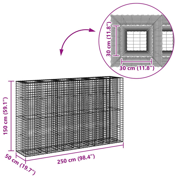 Gabionen Hochbeet 3er Set Silber 250x50x150cm